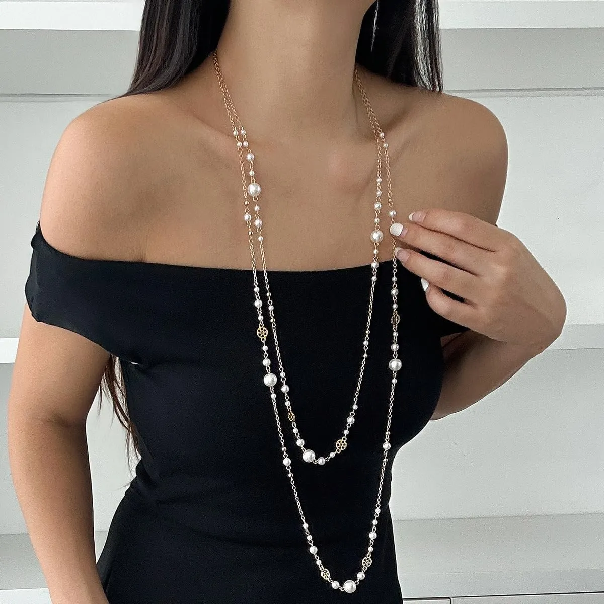 Long Pearl Necklaces for Women Dainty Layered Pearl Necklaces Pearl Long Chain Necklace Bridal Wedding Party Jewelry