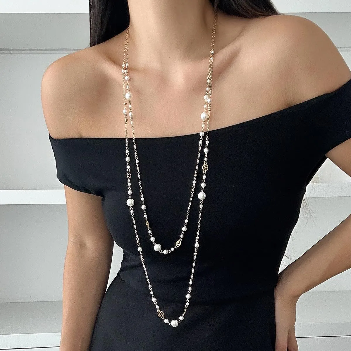 Long Pearl Necklaces for Women Dainty Layered Pearl Necklaces Pearl Long Chain Necklace Bridal Wedding Party Jewelry