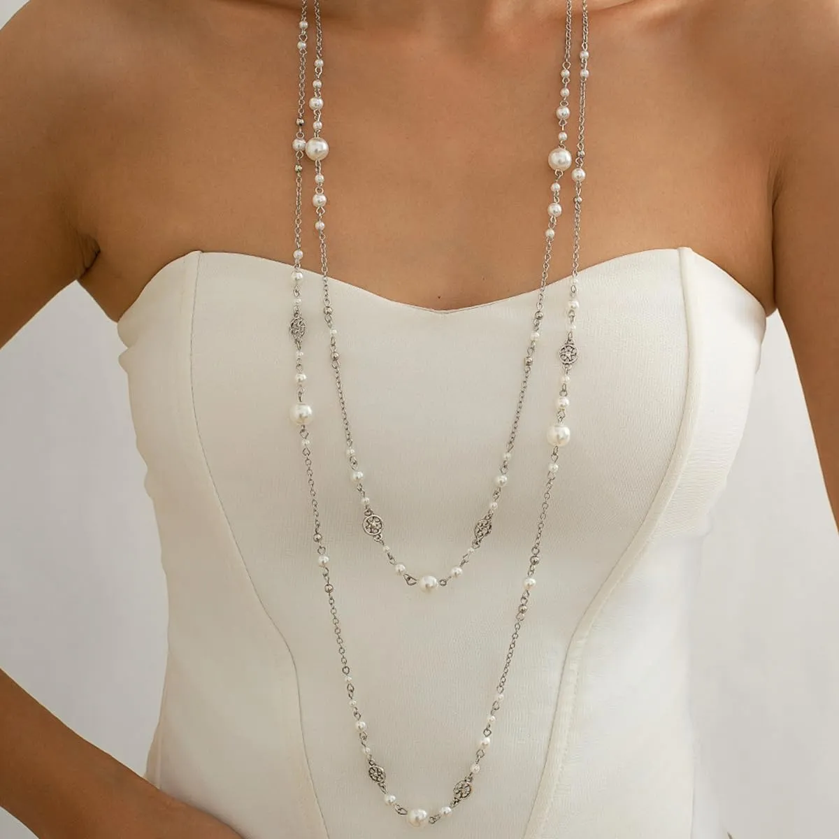 Long Pearl Necklaces for Women Dainty Layered Pearl Necklaces Pearl Long Chain Necklace Bridal Wedding Party Jewelry
