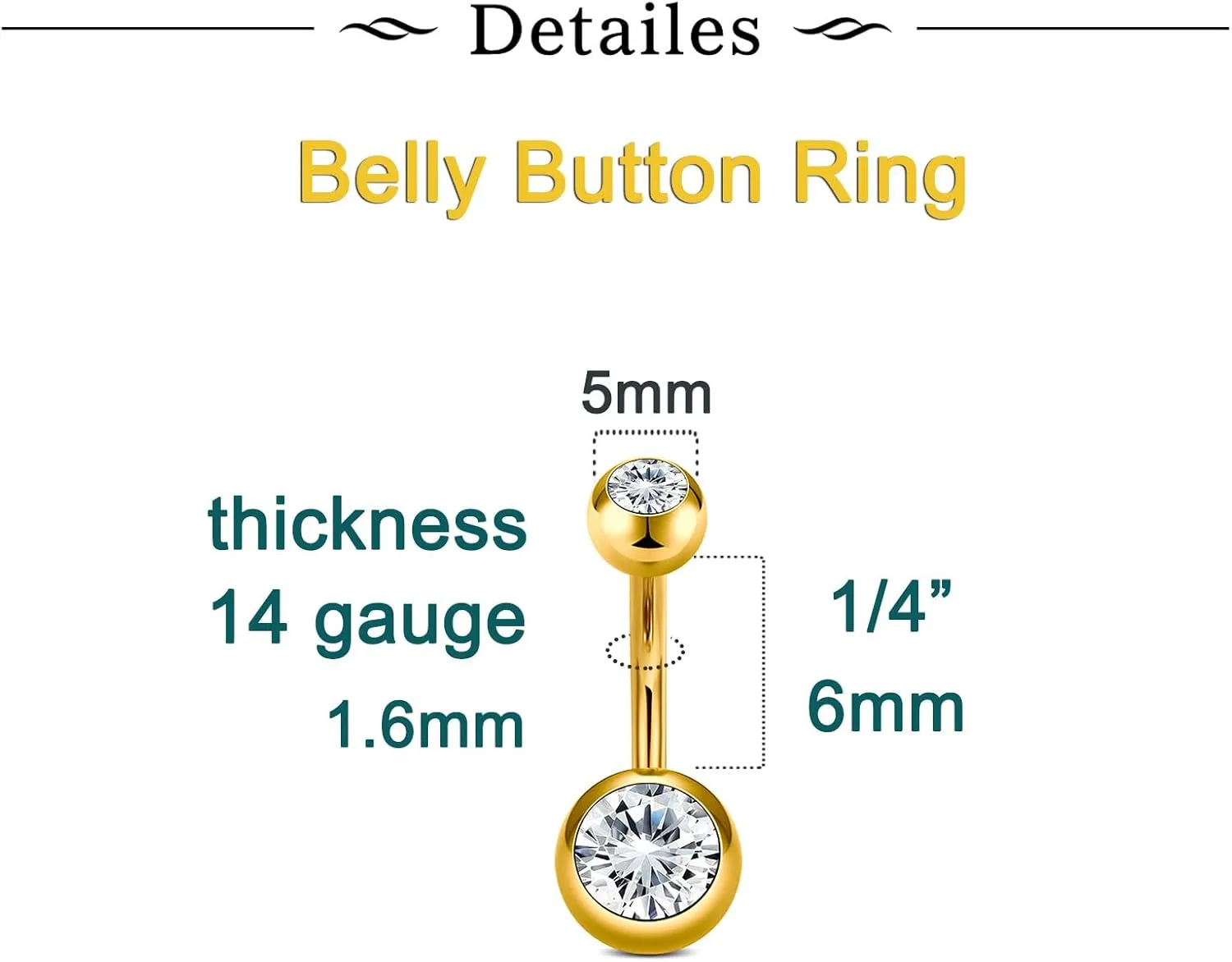 Longita Belly Button Rings Short Bar for Women Stainless Steel Belly Ring Navel Piercing Jewelry 14g Colorful Ball Pack 6mm 1/4 8mm 5/16 10mm