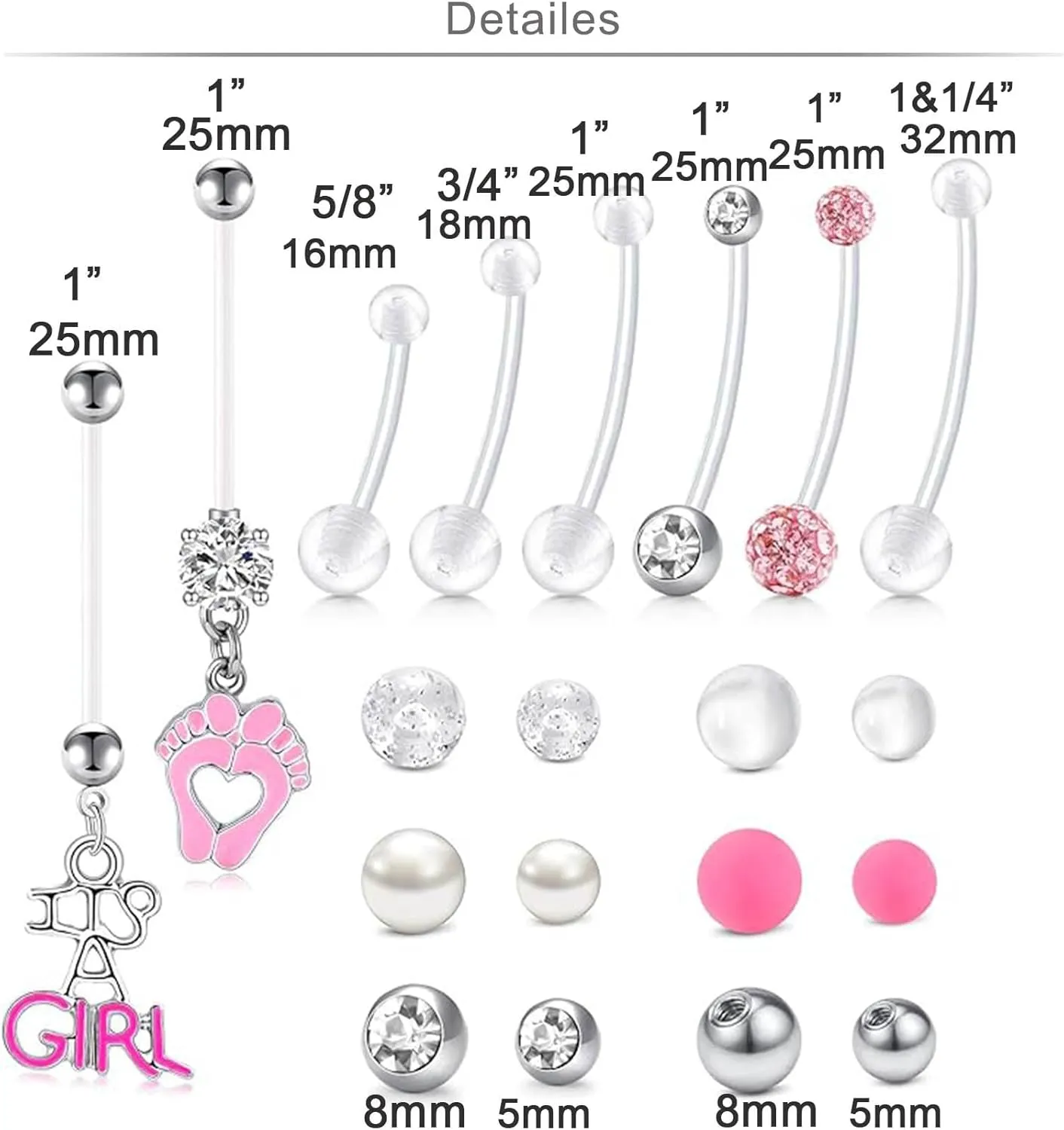 Longita Plastic Pregnancy Belly Button Rings Long Bar Navel Rings for Maternity Sport Pregnant Women Flexible Clear Belly Piercing Retainer Different Length bar and Balls for Replacement 10-32mm