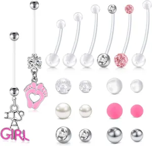Longita Plastic Pregnancy Belly Button Rings Long Bar Navel Rings for Maternity Sport Pregnant Women Flexible Clear Belly Piercing Retainer Different Length bar and Balls for Replacement 10-32mm