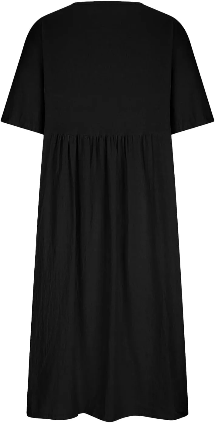 Loose Cotton and Linen Round Neck Five Point Sleeve Midi Dress Large Size Maxi Dress Casual Skirts for Women 2024