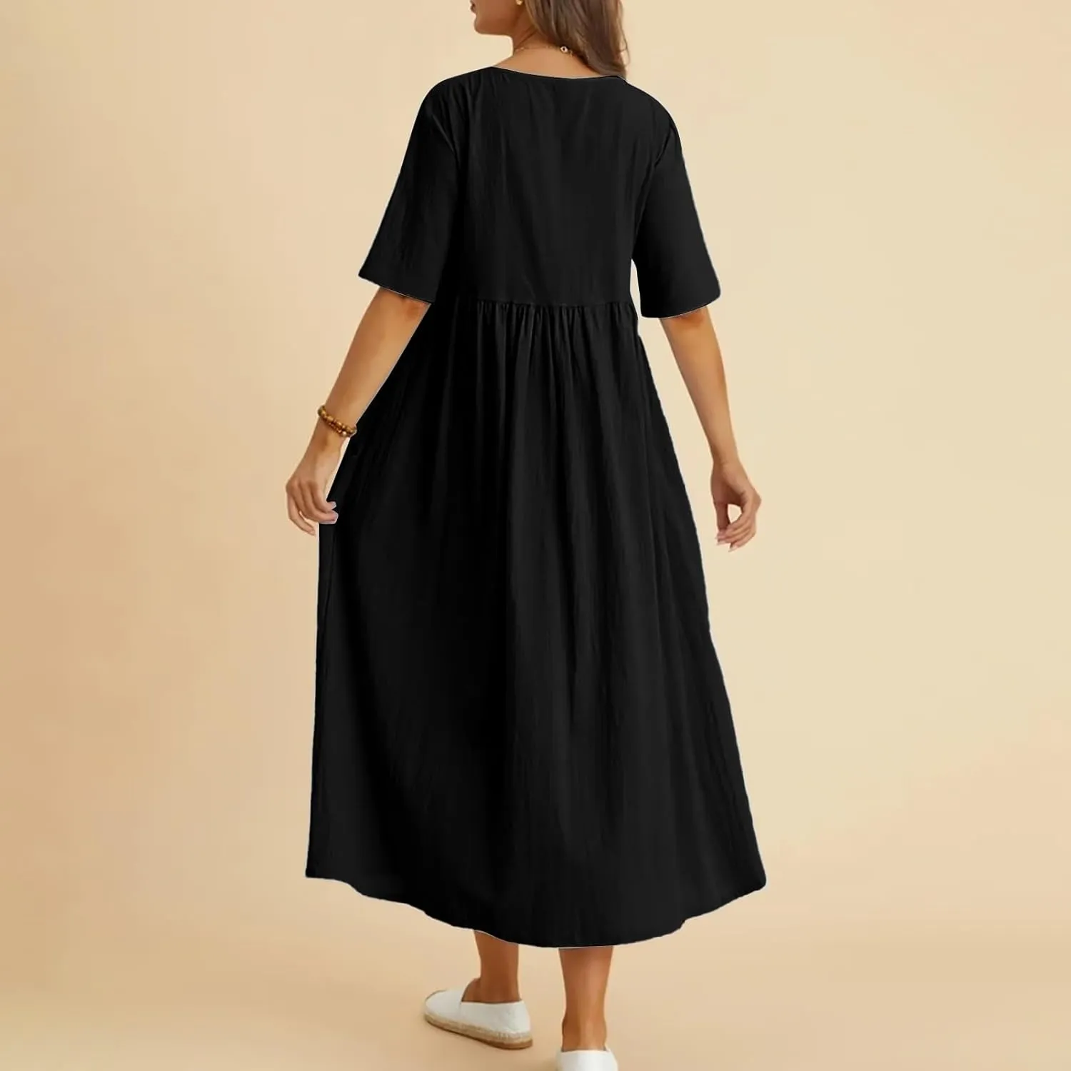 Loose Cotton and Linen Round Neck Five Point Sleeve Midi Dress Large Size Maxi Dress Casual Skirts for Women 2024