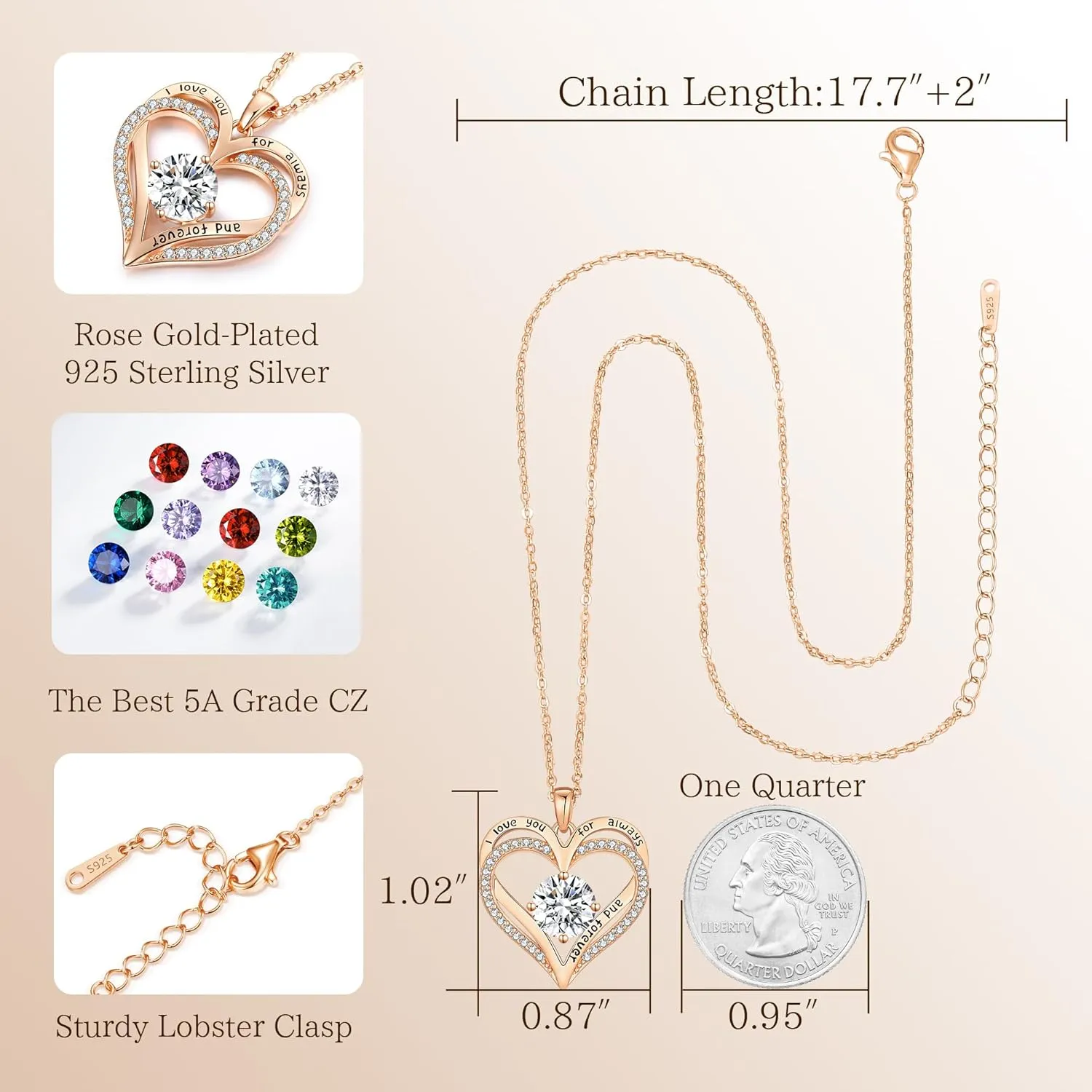 LOUISA SECRET Love Heart Birthstone Necklaces for Women, Birthday Gift for Women, Anniversary Jewelry for Wife Her, 925 Sterling Silver Pendant Necklace, Mother's Day Gift