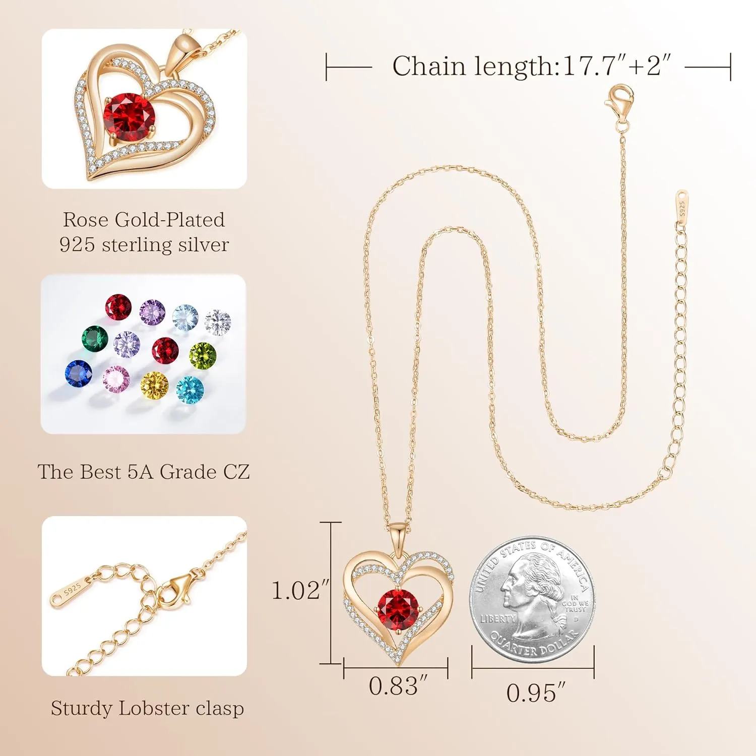 LOUISA SECRET Love Heart Birthstone Necklaces for Women, Birthday Gift for Women, Anniversary Jewelry for Wife Her, 925 Sterling Silver Pendant Necklace, Mother's Day Gift