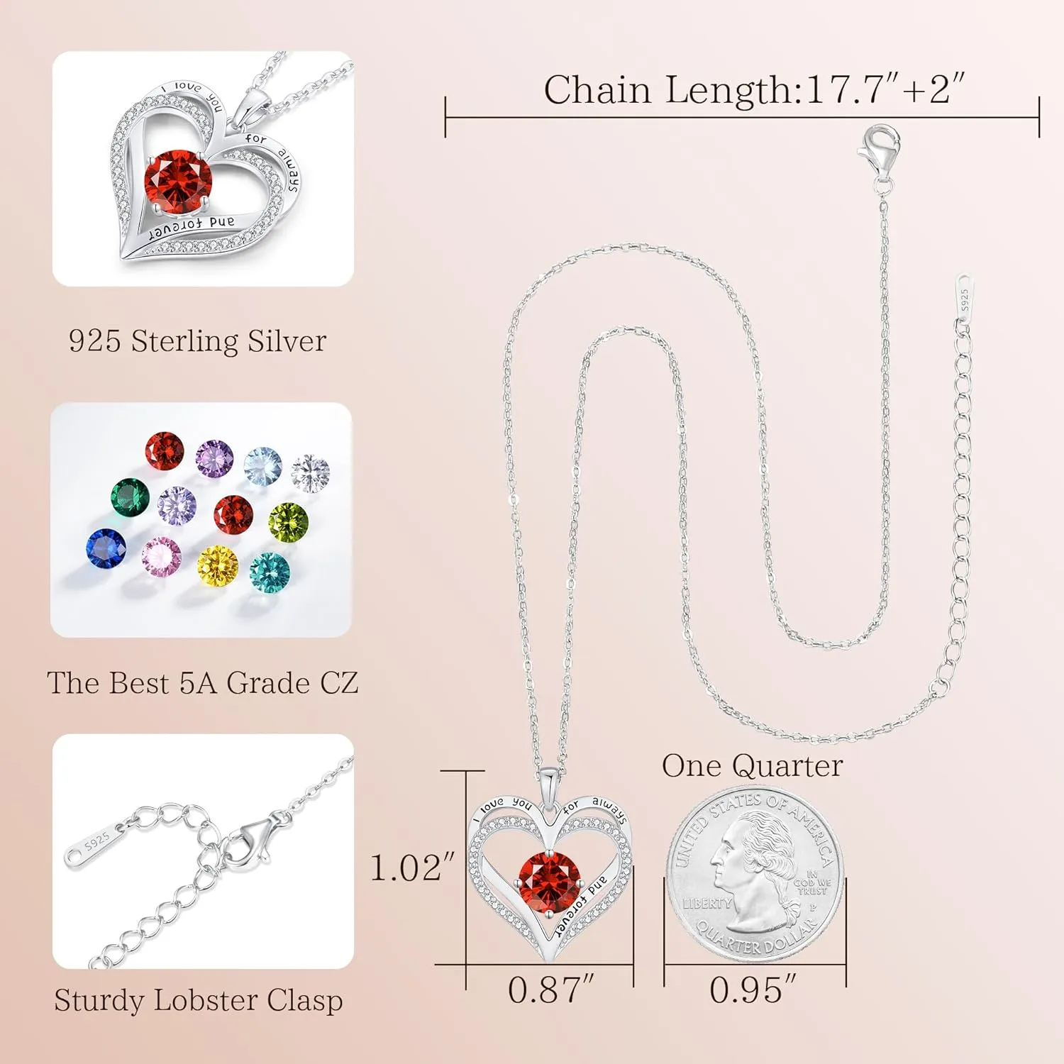 LOUISA SECRET Love Heart Birthstone Necklaces for Women, Birthday Gift for Women, Anniversary Jewelry for Wife Her, 925 Sterling Silver Pendant Necklace, Mother's Day Gift