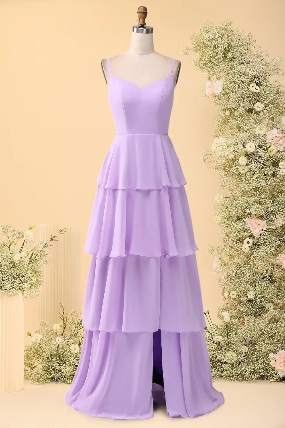 Loyeloy Women's Tiered Ruffles Bridesmaid Dresses with Slit 2025 V Neck Chiffon Formal Evening Gowns
