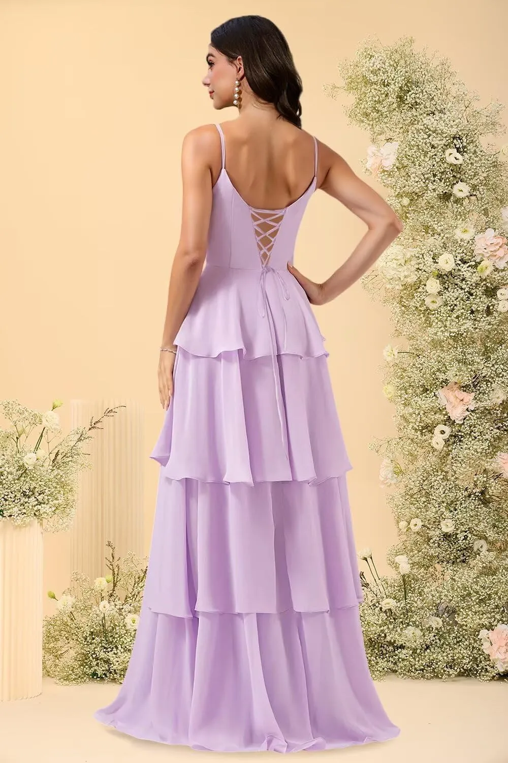 Loyeloy Women's Tiered Ruffles Bridesmaid Dresses with Slit 2025 V Neck Chiffon Formal Evening Gowns