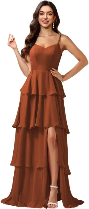 Loyeloy Women's Tiered Ruffles Bridesmaid Dresses with Slit 2025 V Neck Chiffon Formal Evening Gowns