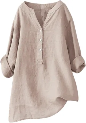 LRMQS Linen Shirts for Women Beach Summer 2024 Button Up V Neck Blouse Tops Long Sleeve Loose Casual Trendy Tunic Clothes