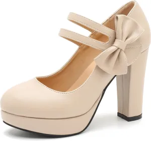MAIERNISI JESSI Women's Bow Heel Pumps Platform High Heeled Wedding Dress Shoes