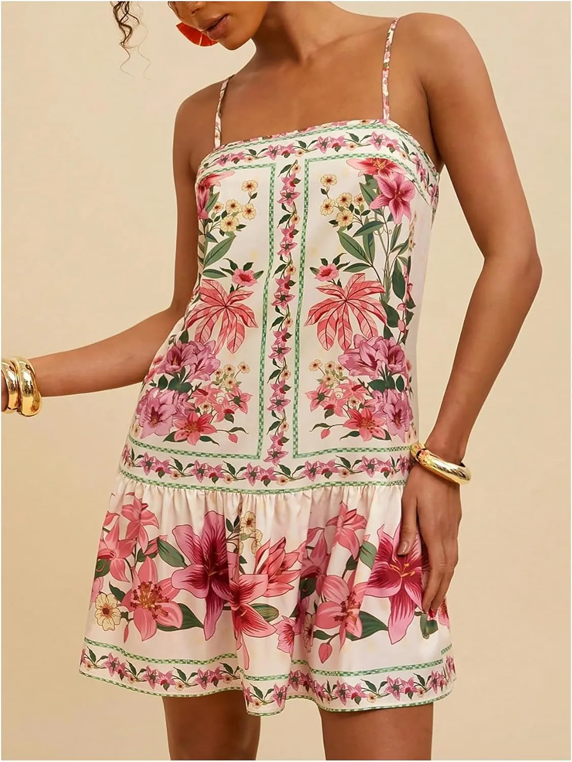 MakeMeChic Women's Floral Boho Dress Sleeveless Vacation Mini Short Dress Tie Backless Sundress
