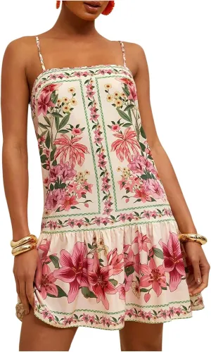 MakeMeChic Women's Floral Boho Dress Sleeveless Vacation Mini Short Dress Tie Backless Sundress