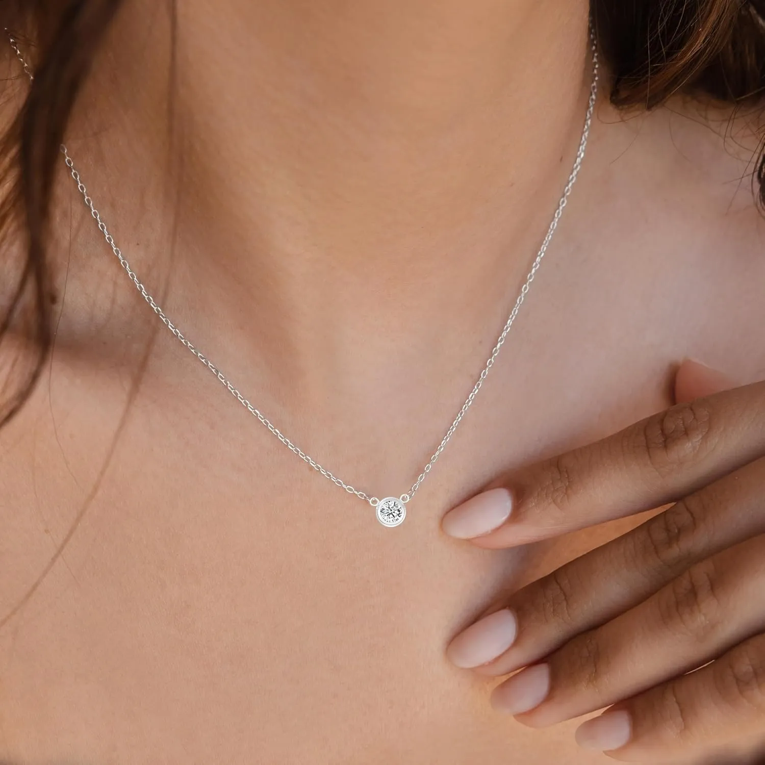 MBW Diamond Necklaces for Women, Dainty 14k Gold/Silver Plated Cubic Zirconia Pendant Necklaces for Women Trendy Simple Small Silver CZ Round Solitaire Choker Necklaces Jewelry for Women