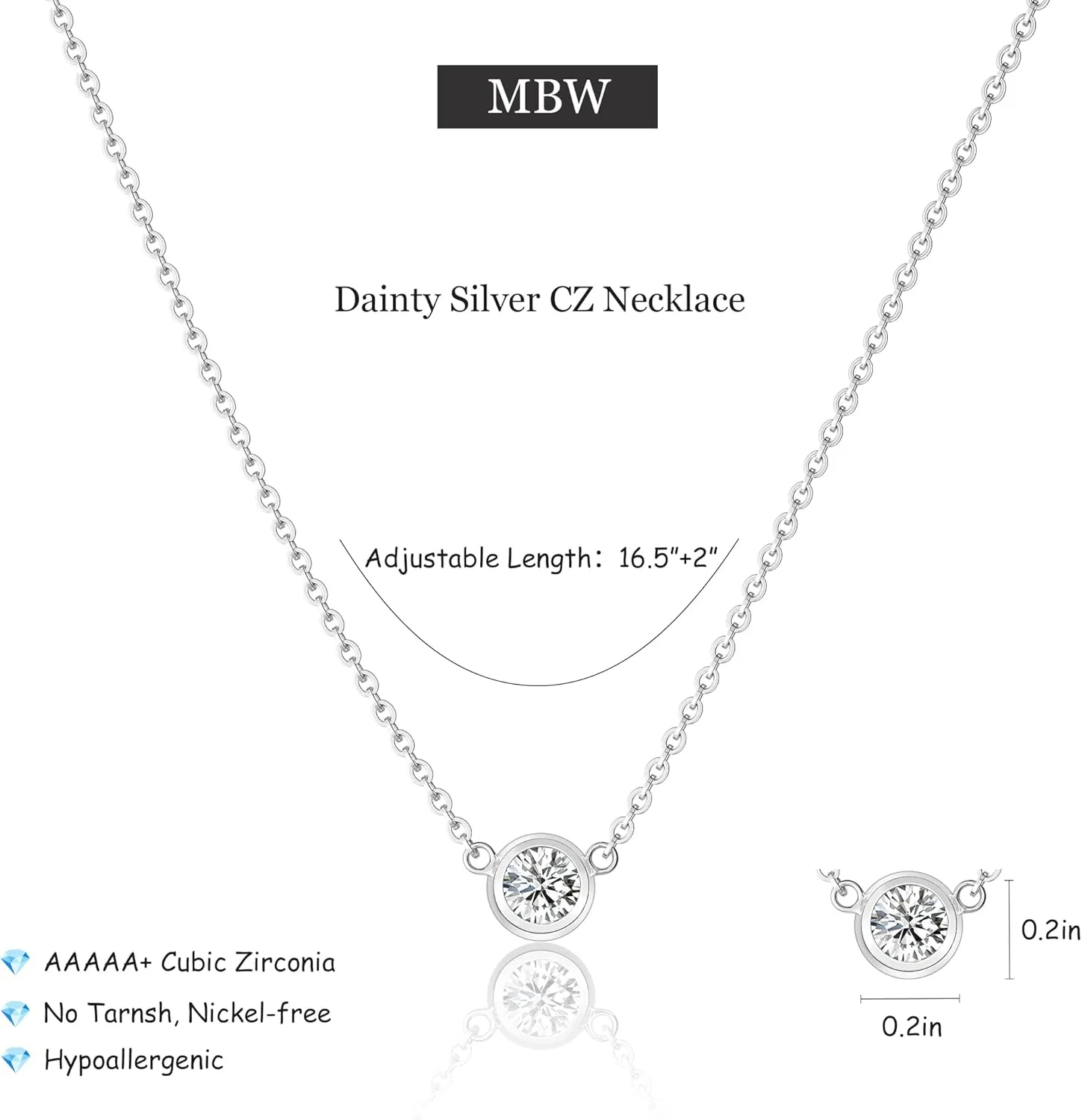 MBW Diamond Necklaces for Women, Dainty 14k Gold/Silver Plated Cubic Zirconia Pendant Necklaces for Women Trendy Simple Small Silver CZ Round Solitaire Choker Necklaces Jewelry for Women