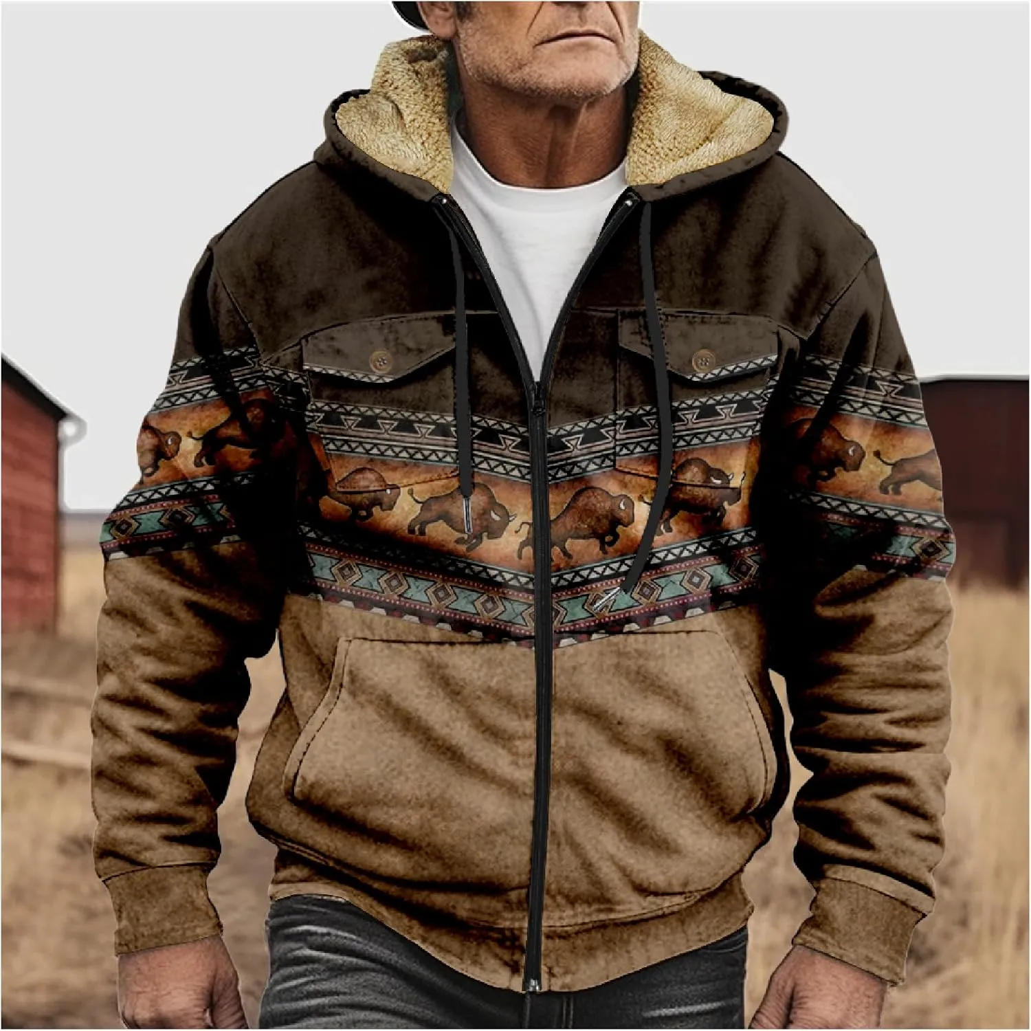 Men's Aztec Hoodies Jackets Long Sleeve Zip Up Winter Sweatshirt Coat Casual Vintage With Pocket, S-5XL