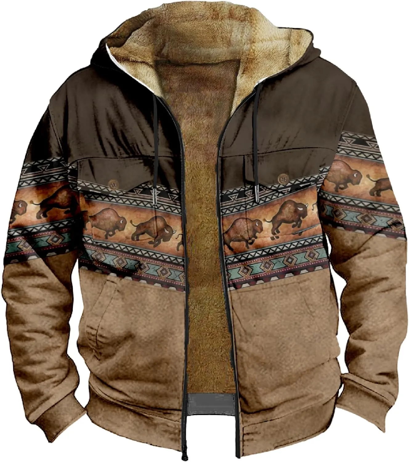 Men's Aztec Hoodies Jackets Long Sleeve Zip Up Winter Sweatshirt Coat Casual Vintage With Pocket, S-5XL
