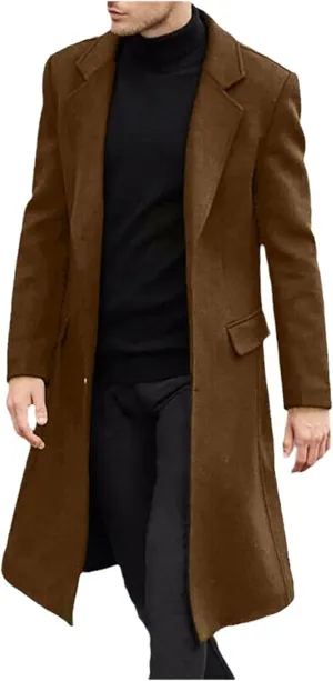 Men's British Long Trench Coat Button Warm Woolen Coat Fashion Casual Solid Color Coat Windbreaker Fall Winter