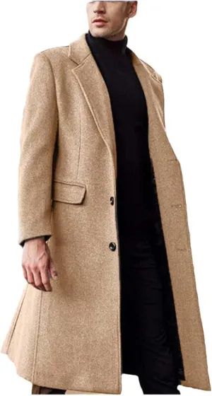 Men's British Long Trench Coat Button Warm Woolen Coat Fashion Casual Solid Color Coat Windbreaker Fall Winter