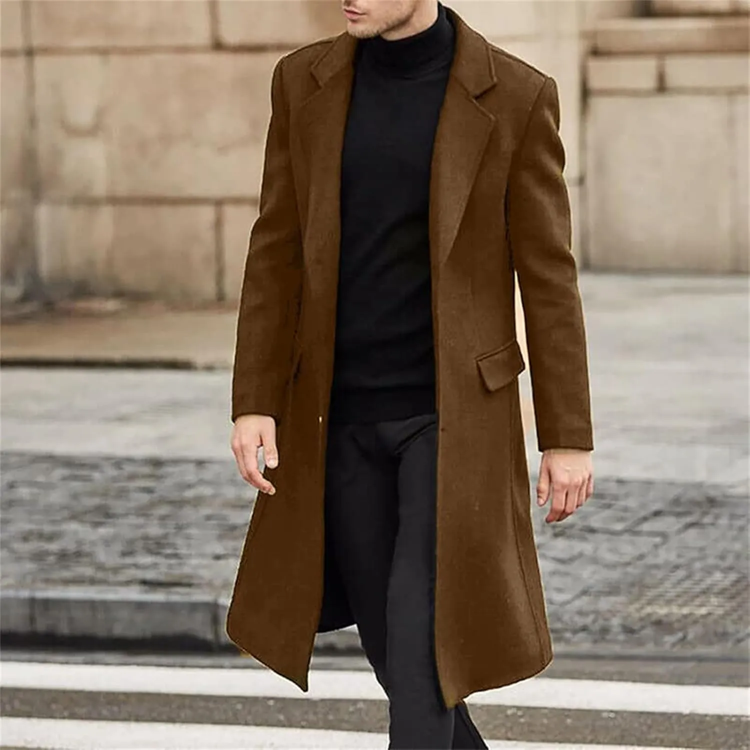 Men's British Long Trench Coat Button Warm Woolen Coat Fashion Casual Solid Color Coat Windbreaker Fall Winter