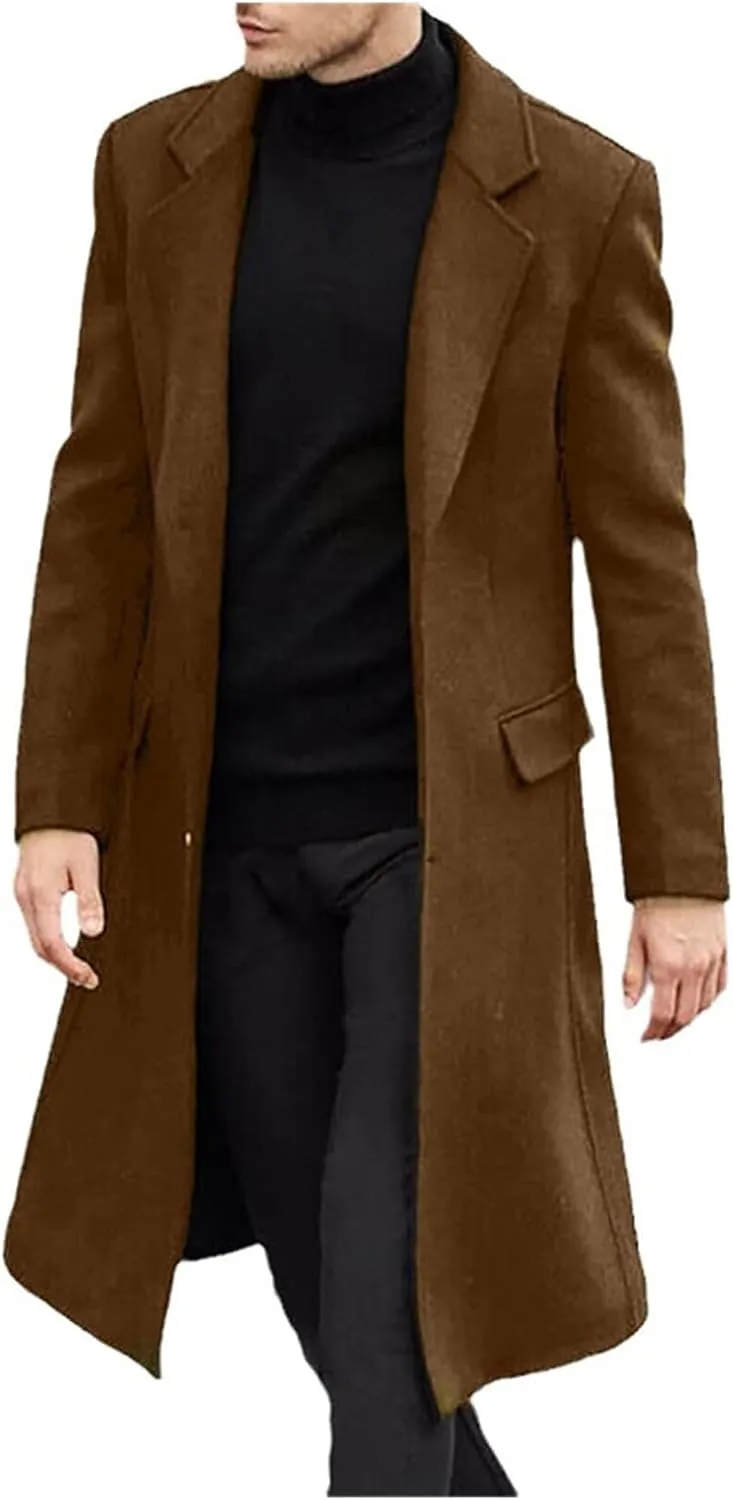 Men's British Long Trench Coat Button Warm Woolen Coat Fashion Casual Solid Color Coat Windbreaker Fall Winter
