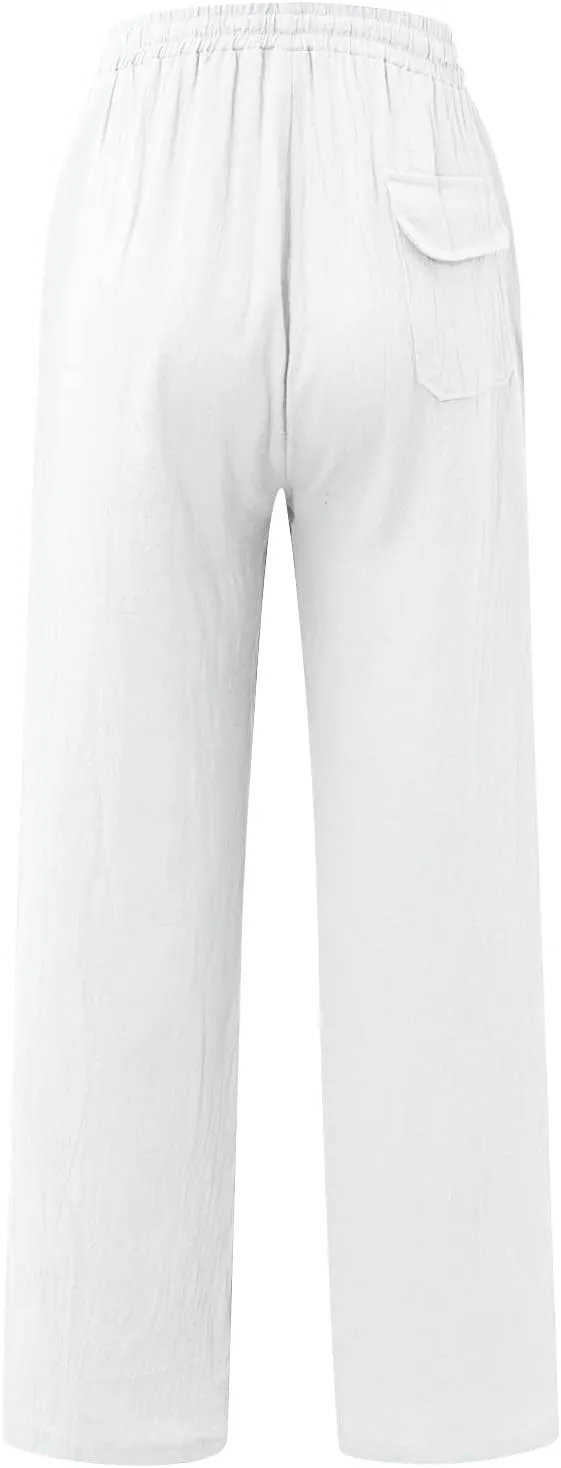 Men's Business Casual Linen Pants Drawstring Elastic Waist Lightweight Summer Beach Trousers