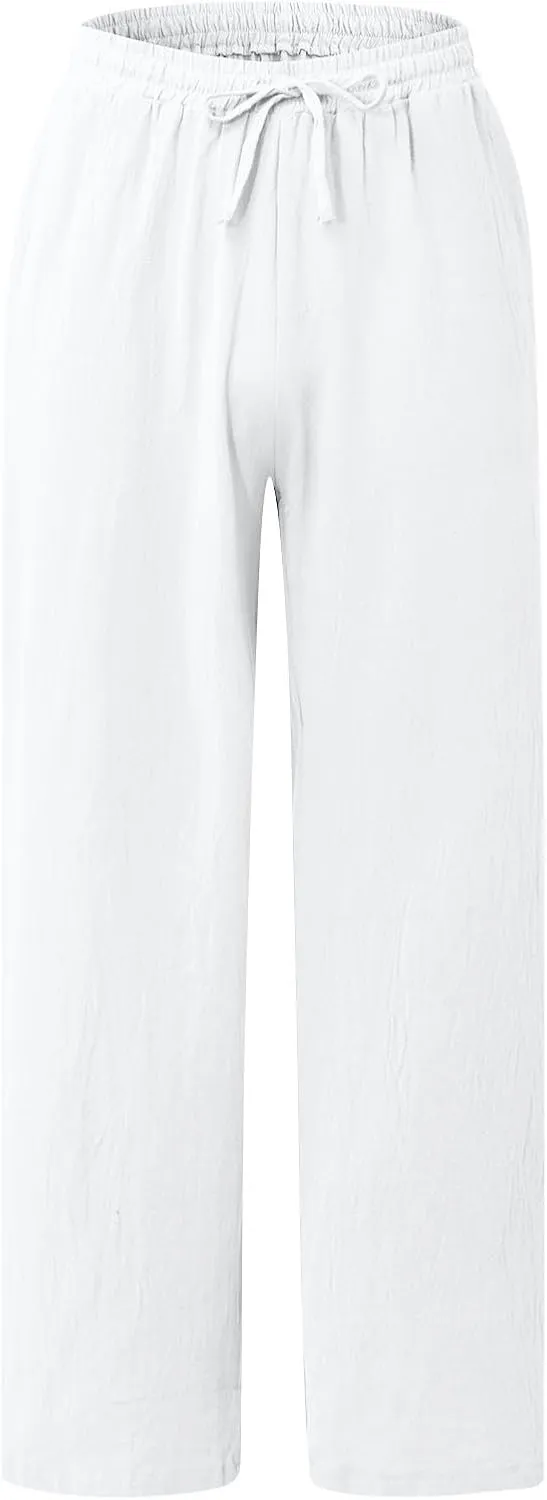Men's Business Casual Linen Pants Drawstring Elastic Waist Lightweight Summer Beach Trousers