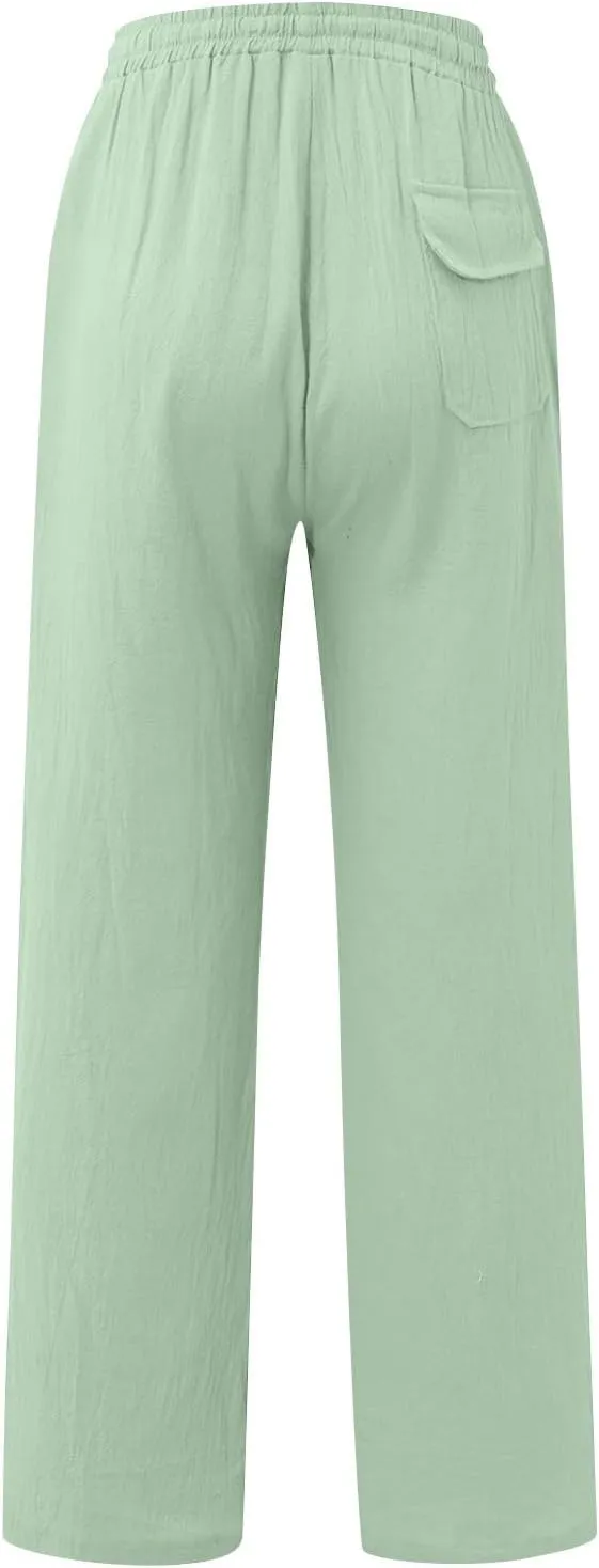 Men's Business Casual Linen Pants Drawstring Elastic Waist Lightweight Summer Beach Trousers