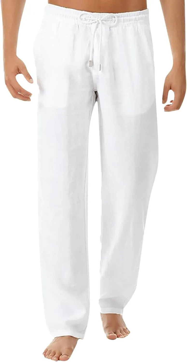 Men's Business Casual Linen Pants Drawstring Elastic Waist Lightweight Summer Beach Trousers