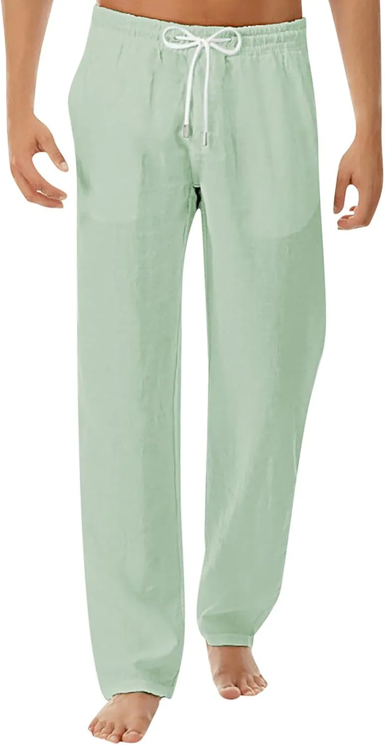 Men's Business Casual Linen Pants Drawstring Elastic Waist Lightweight Summer Beach Trousers