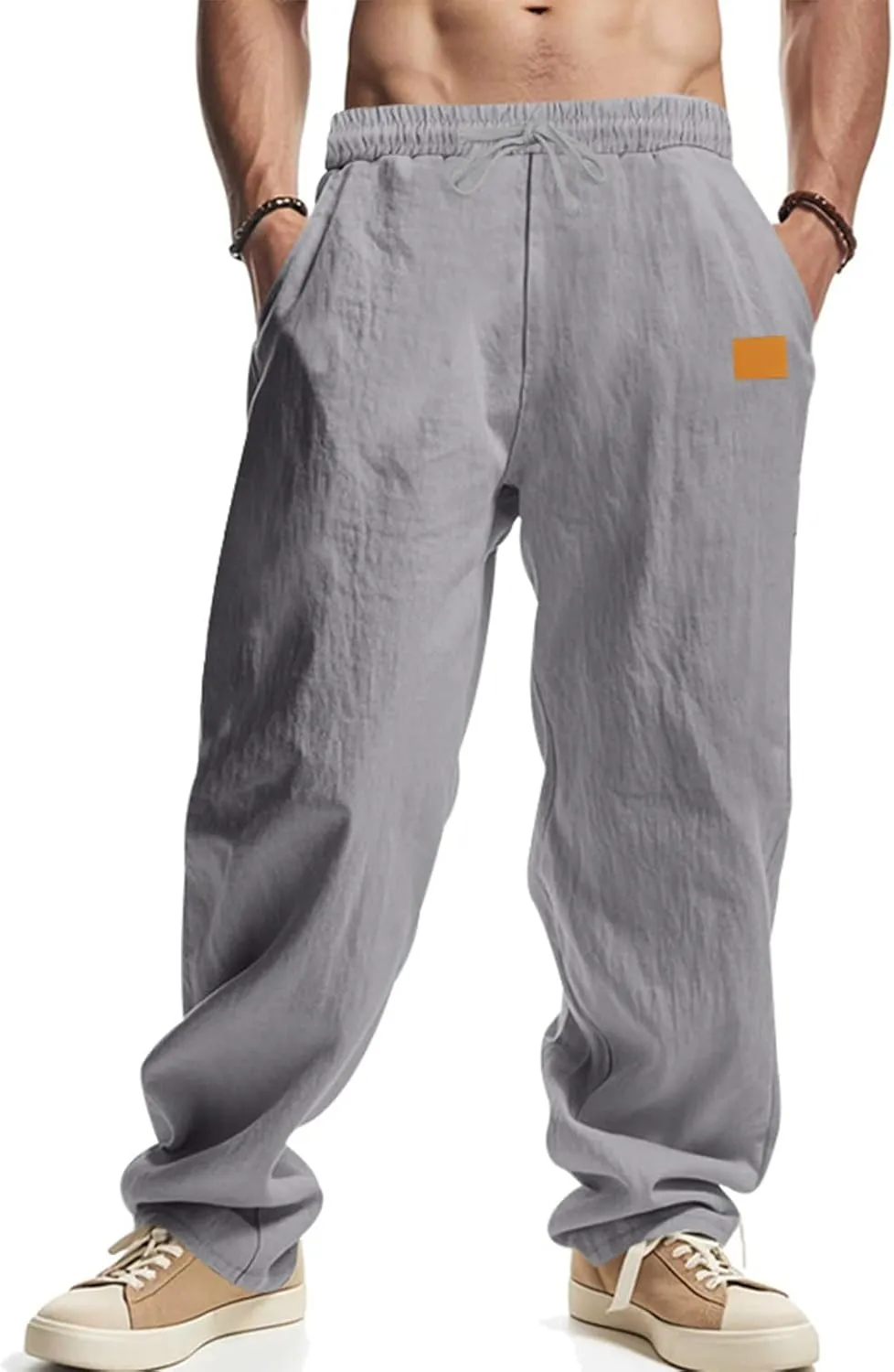 Men's Casual Linen Pants Beach Summer Elastic Waist Drawstring Breathable Pants Lightweight Linen Trousers