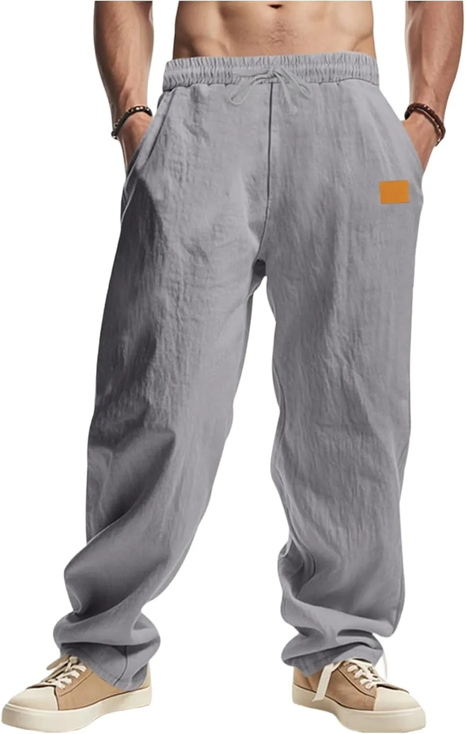 Men's Casual Linen Pants Beach Summer Elastic Waist Drawstring Breathable Pants Lightweight Linen Trousers
