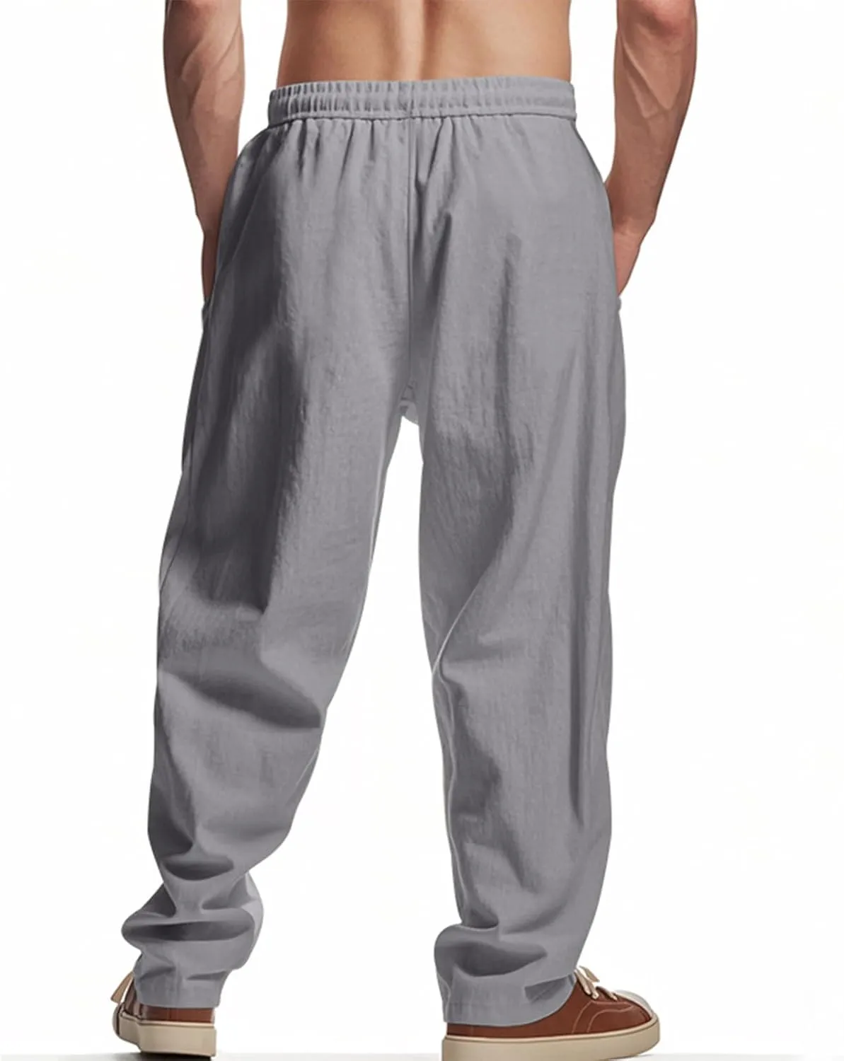 Men's Casual Linen Pants Beach Summer Elastic Waist Drawstring Breathable Pants Lightweight Linen Trousers