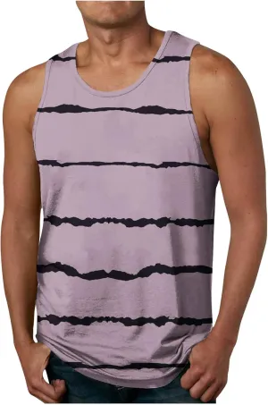 Men's Casual Tank Tops Loose Fit Summer Stripe Printed Sleeveless T-Shirts Cotton Gym Bodybuilding Workout Muscle Vests