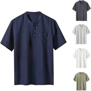 Men's Cotton Linen Henley Tee Shirts Casual Loose Fit Short Sleeve Classic Vintage Tops Sports Gym Workout Shirt