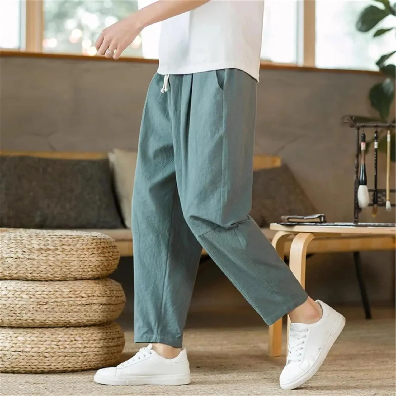 Men's Cotton Linen Lightweight Sweatpants Streetwear Casual Athletic Long Pants Trousers