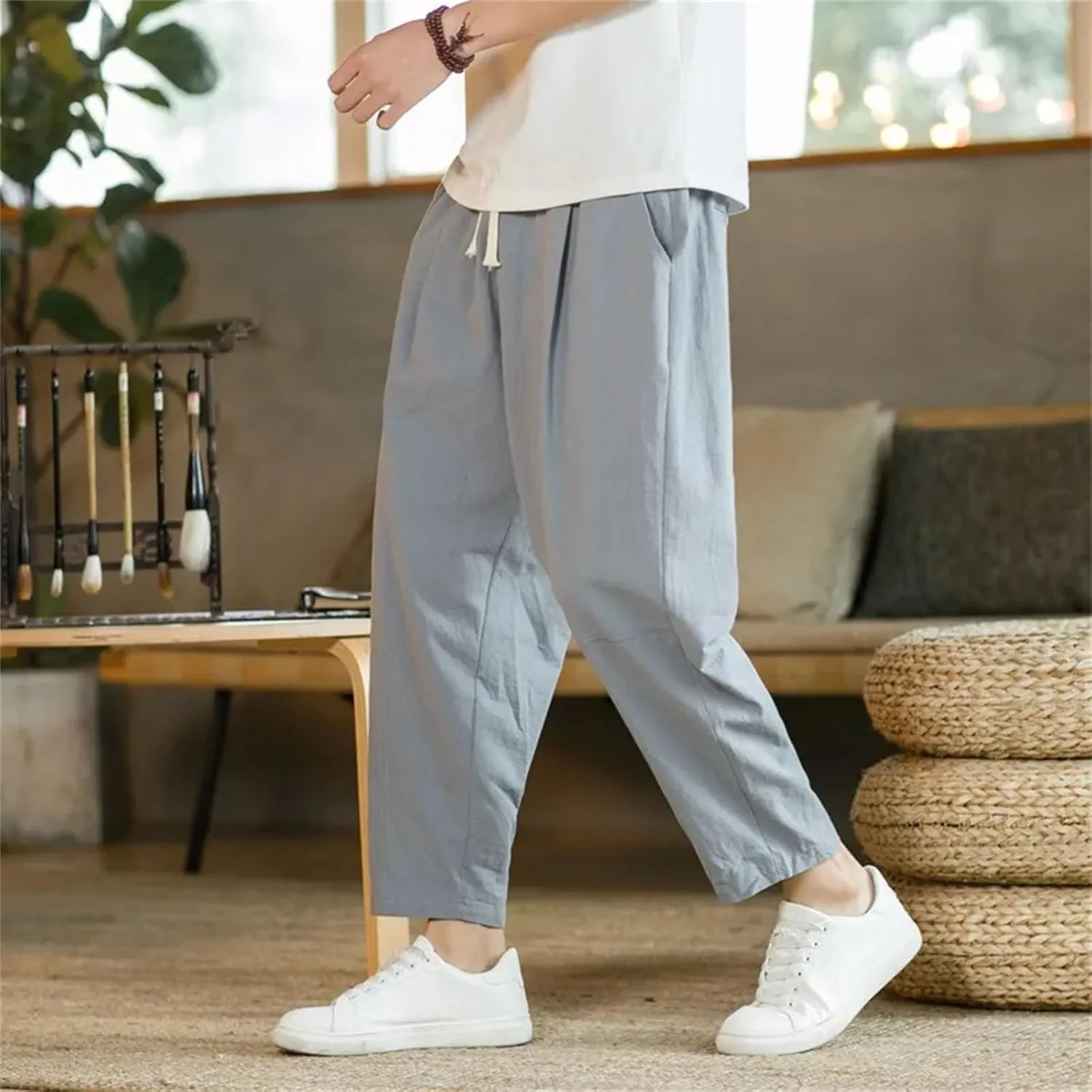 Men's Cotton Linen Lightweight Sweatpants Streetwear Casual Athletic Long Pants Trousers