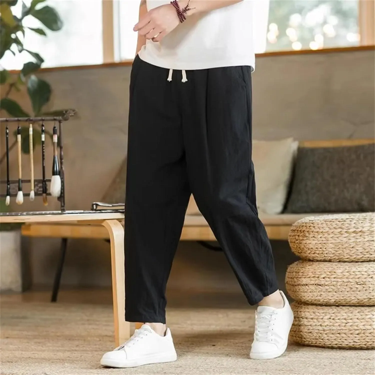 Men's Cotton Linen Lightweight Sweatpants Streetwear Casual Athletic Long Pants Trousers