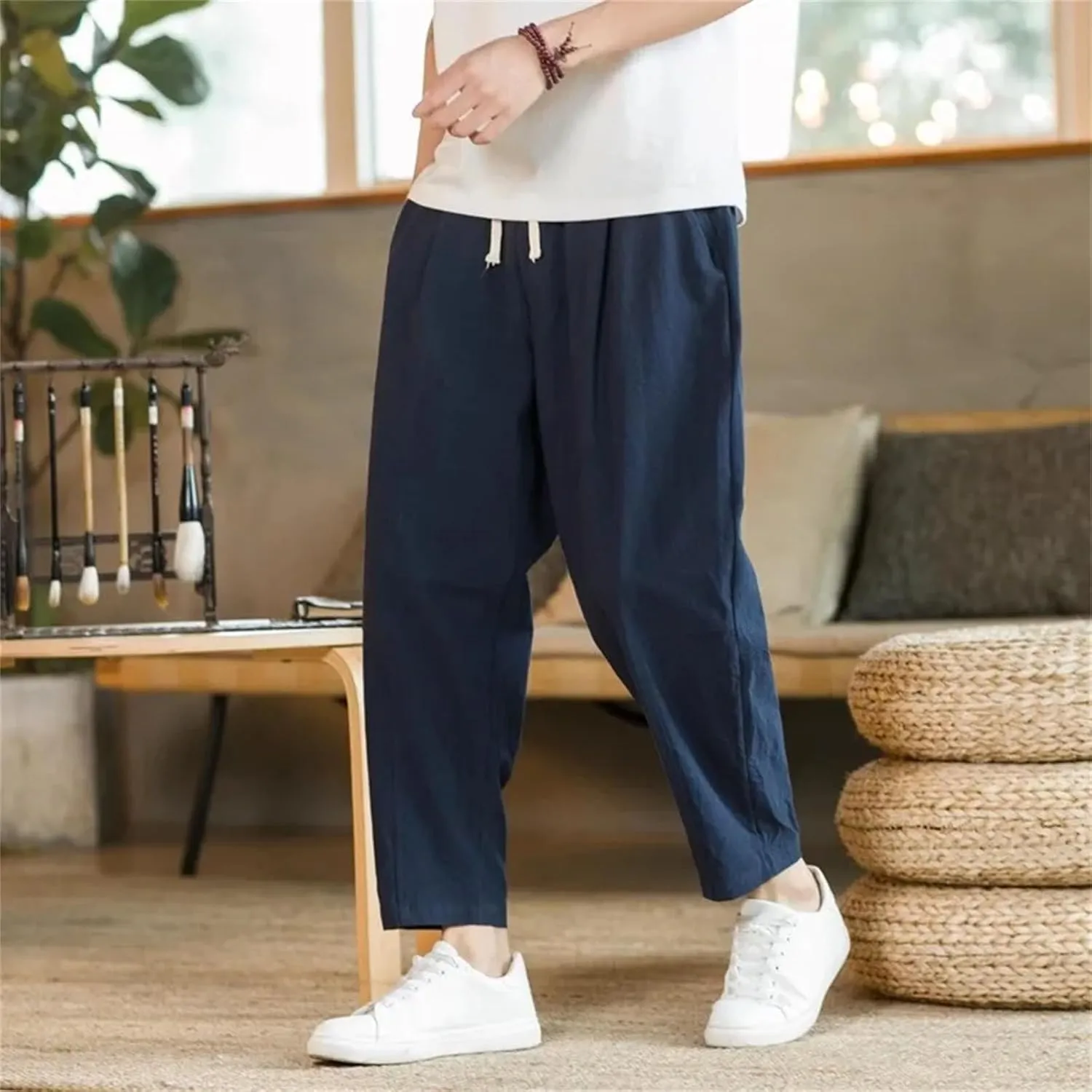 Men's Cotton Linen Lightweight Sweatpants Streetwear Casual Athletic Long Pants Trousers