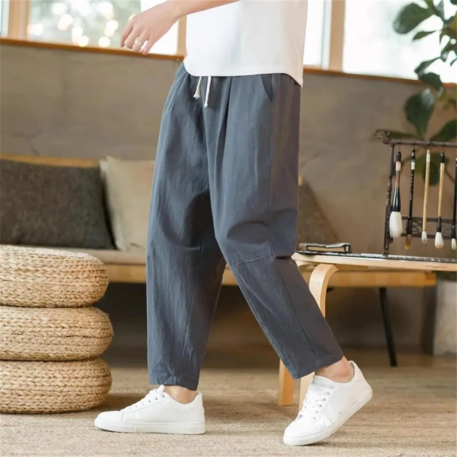 Men's Cotton Linen Lightweight Sweatpants Streetwear Casual Athletic Long Pants Trousers