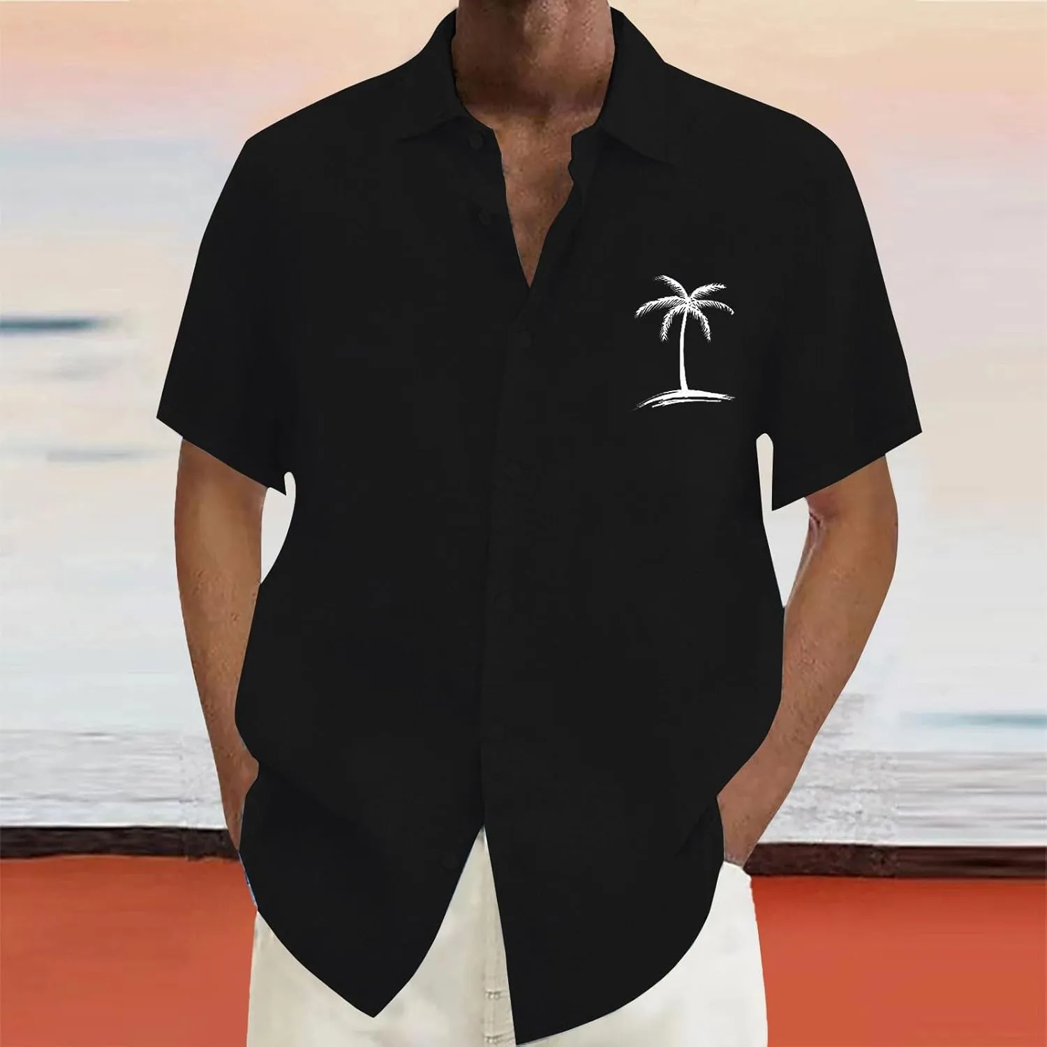 Mens Cotton Linen Shirts Short Sleeve Button Down Shirt Loose Solid Tunic Top Vacation Beach Summer Blouse with Pocket