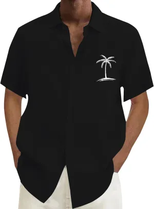 Mens Cotton Linen Shirts Short Sleeve Button Down Shirt Loose Solid Tunic Top Vacation Beach Summer Blouse with Pocket