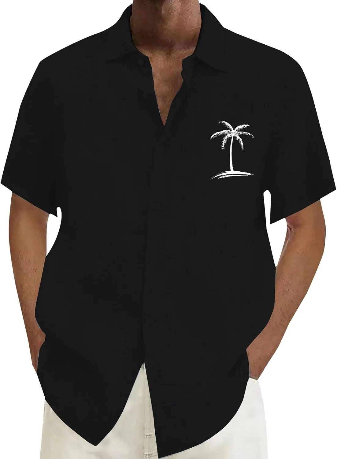 Mens Cotton Linen Shirts Short Sleeve Button Down Shirt Loose Solid Tunic Top Vacation Beach Summer Blouse with Pocket