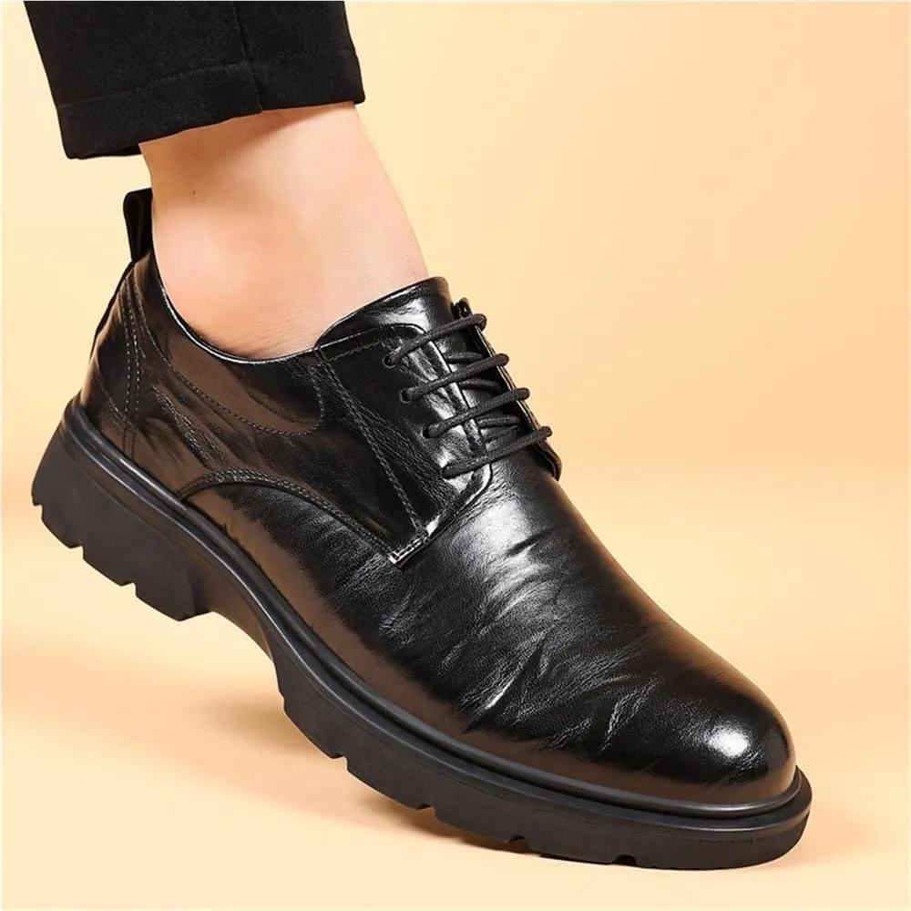 Men's Dress Shoes Vintage Lace Up Comfort Orthopedic Plain Toe Top-Grain Leather Block Heel Office