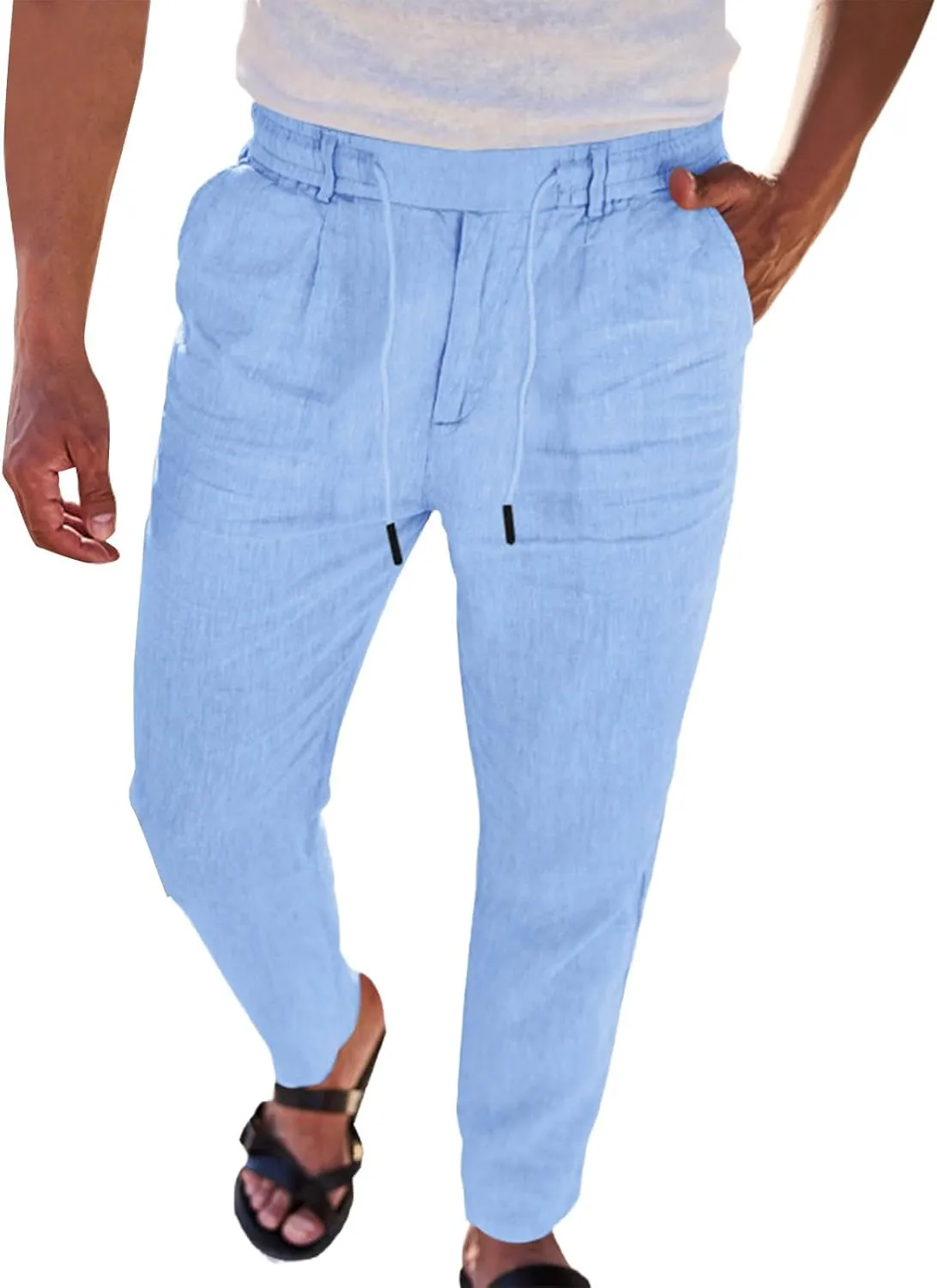 Men's Linen Pants Casual Lightweight Drawstring Loose Beach Yoga Trousers with Pockets