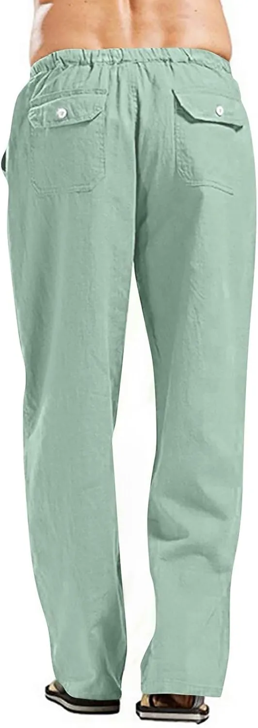 Men's Linen Pants Summer Lightweight Beach Casual Cotton Elastic Waist Drawstring with Deep Pockets