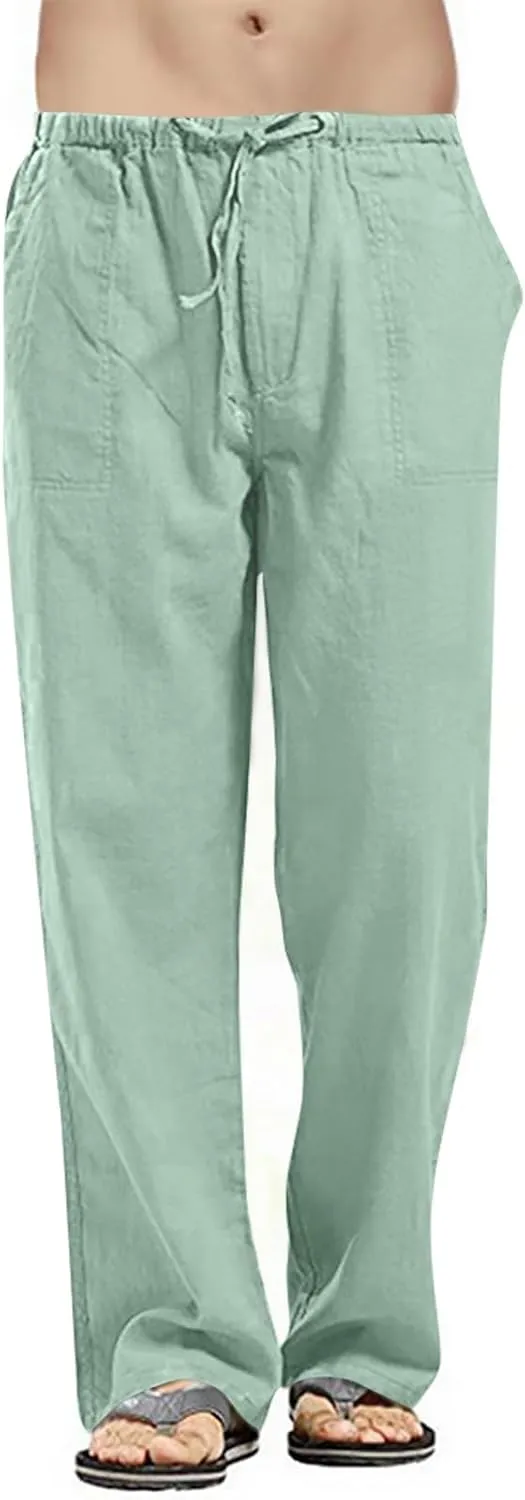 Men's Linen Pants Summer Lightweight Beach Casual Cotton Elastic Waist Drawstring with Deep Pockets