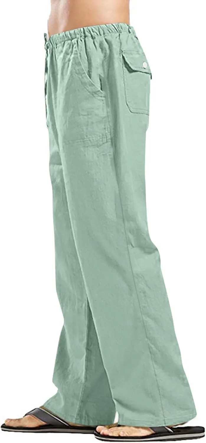 Men's Linen Pants Summer Lightweight Beach Casual Cotton Elastic Waist Drawstring with Deep Pockets