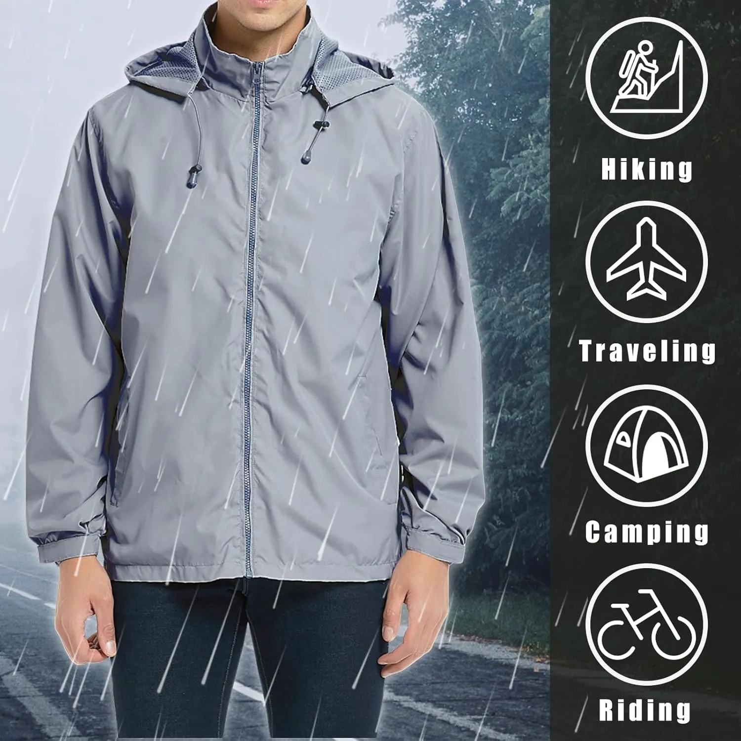 Men's Windbreaker Jacket Outdoor Soft Shell Jackets Lightweight Windproof Waterproof Rain Coat with Removable Hood